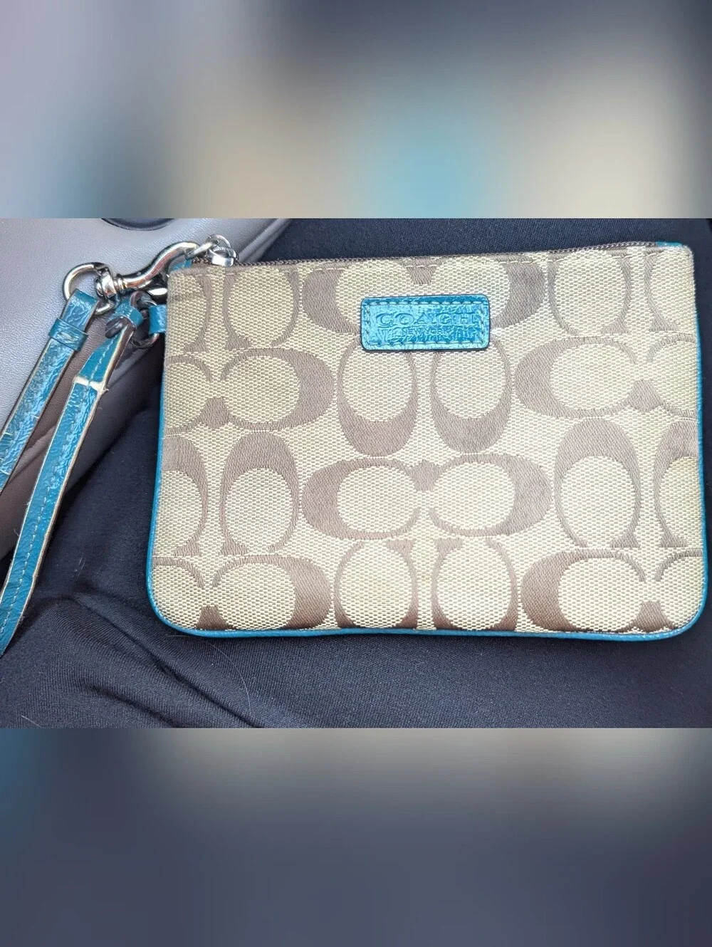 Coach Signature Canvas Wristlet in Beige with Teal Accent